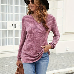 Solid Ribbed Knit Long Sleeve V Neck Top