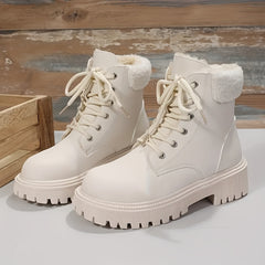 Women's Faux Leather Platform Snow Boots Plush Heel Ankle Combat Boots