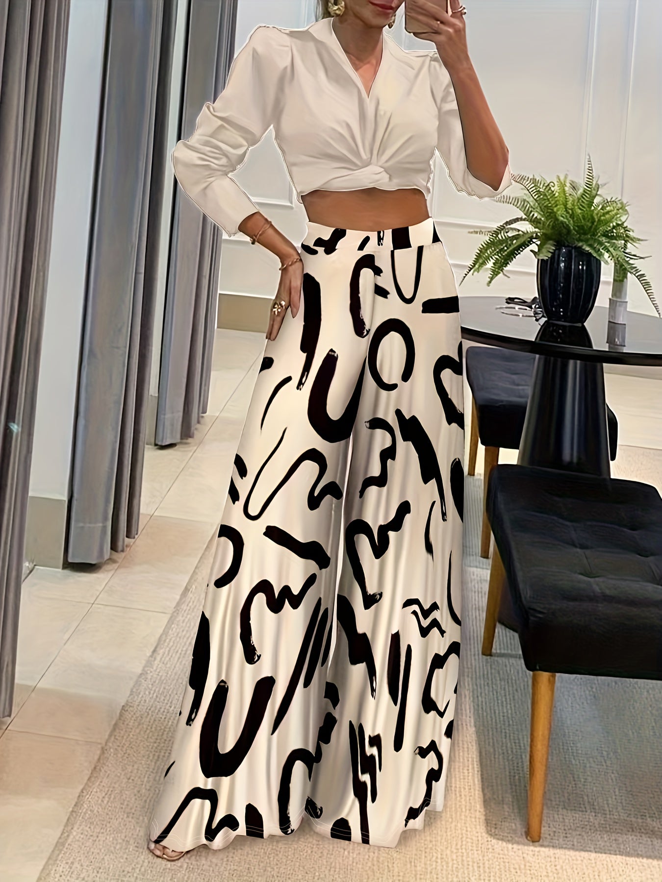 Geometric Print Wide Leg Pants Spring/Fall Casual Loose Pants