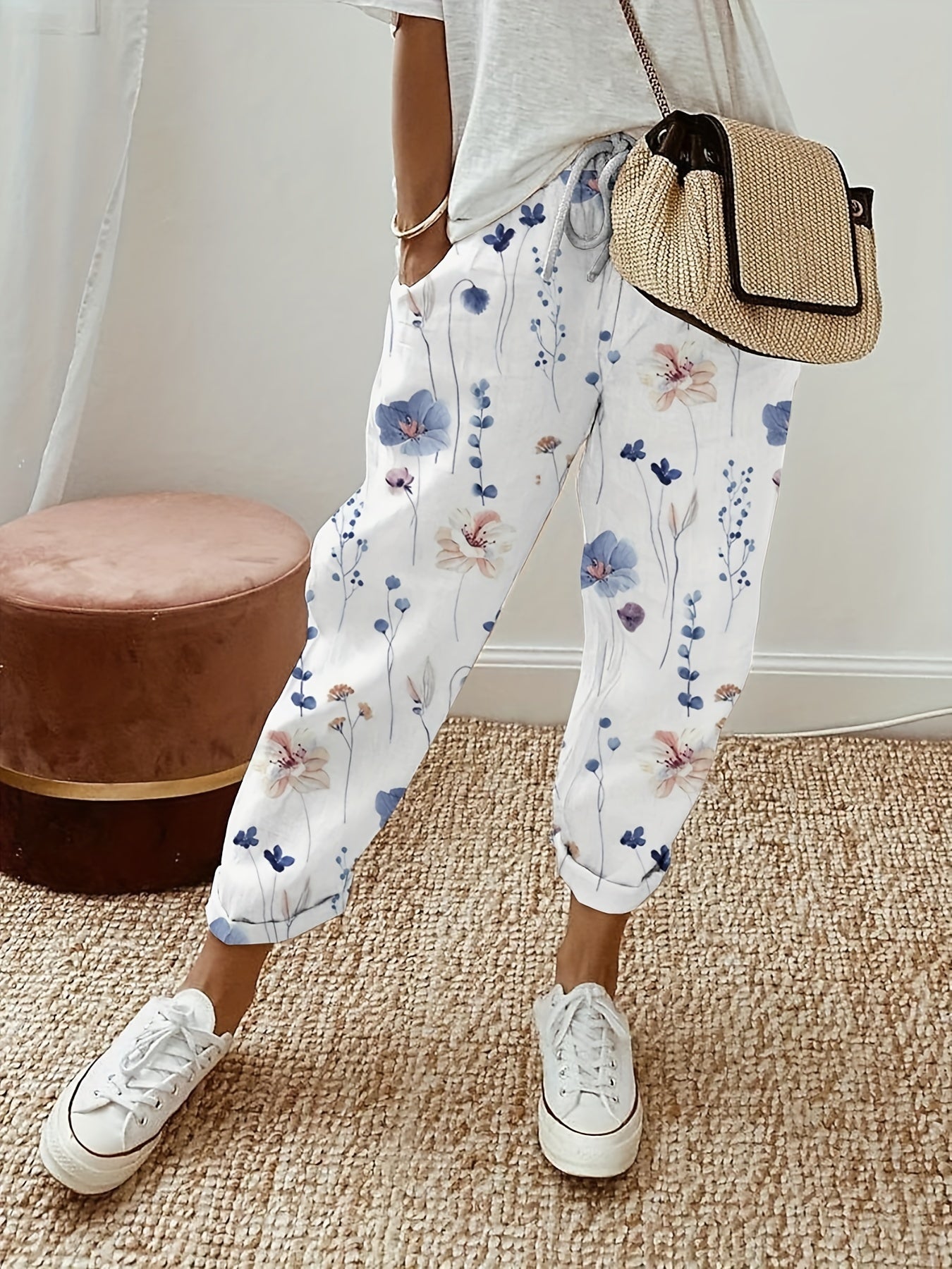 Women's Plus Butterfly Print Elastic Drawstring High Rise Casual Pants