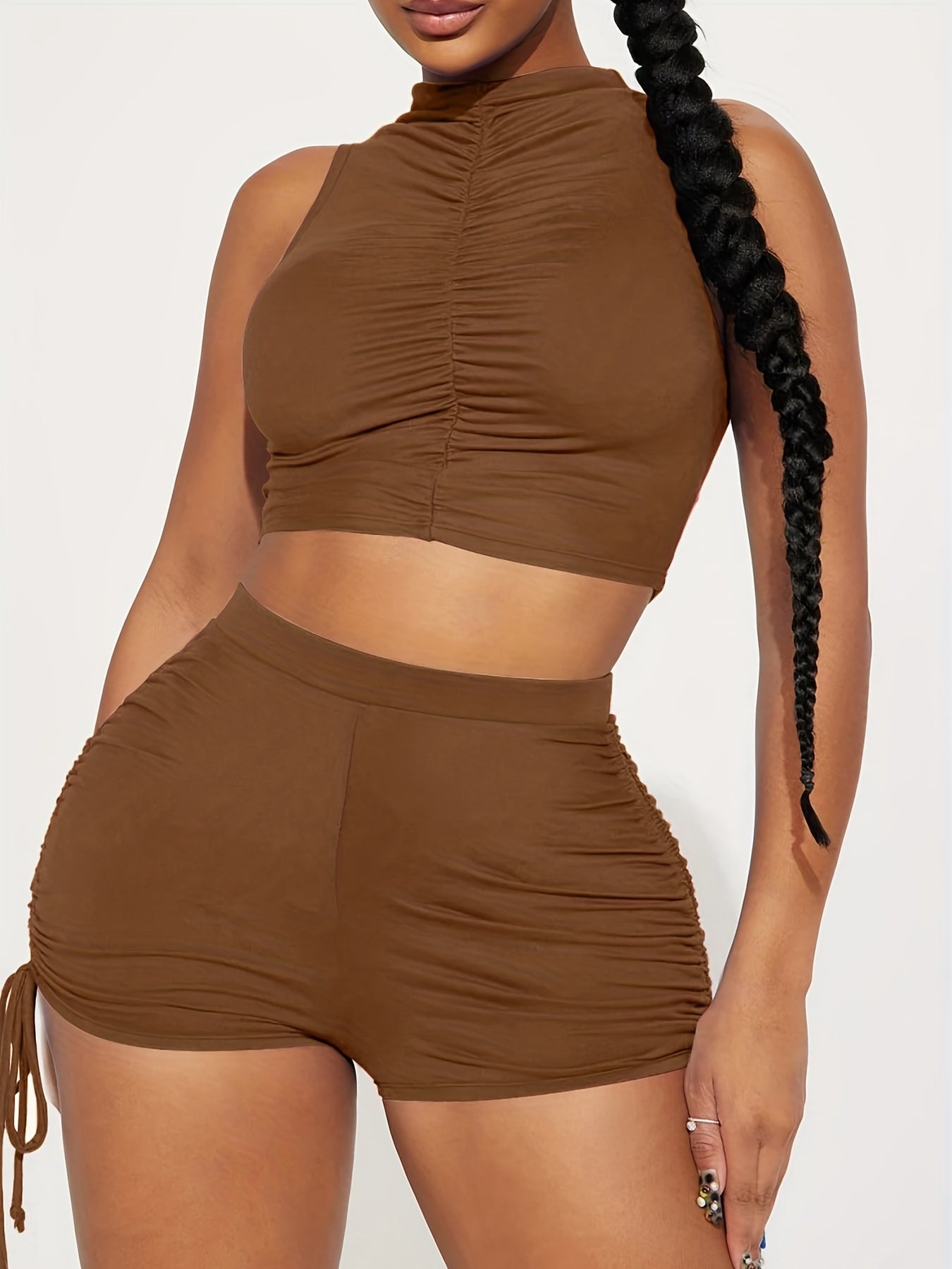 Solid Mock Neck Crop Tank Top & Drawstring Ruched Shorts Set