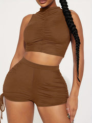 Solid Mock Neck Crop Tank Top & Drawstring Ruched Shorts Set