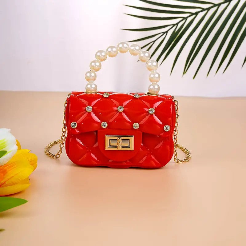 Girls Rhombus Texture Pearl Rhinestones Handbags Messenger Bag