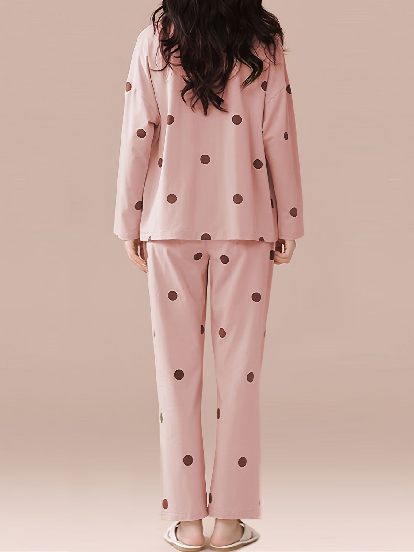 Polka Dot Print Pajama Set Long Sleeve Top & Pants Women's Sleepwear