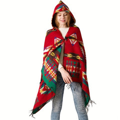 Boho Hoodie Tassel Shawl Geometric Pattern Scarf