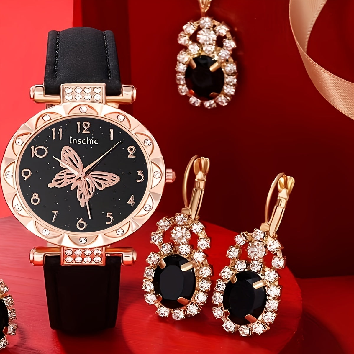 Butterfly Quartz Watch + 4 Rhinestone Accessories Set