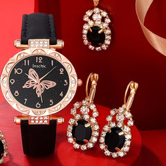 Butterfly Quartz Watch + 4 Rhinestone Accessories Set