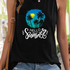 Tree Pattern Sports Vest Round Neck Sleeveless Top
