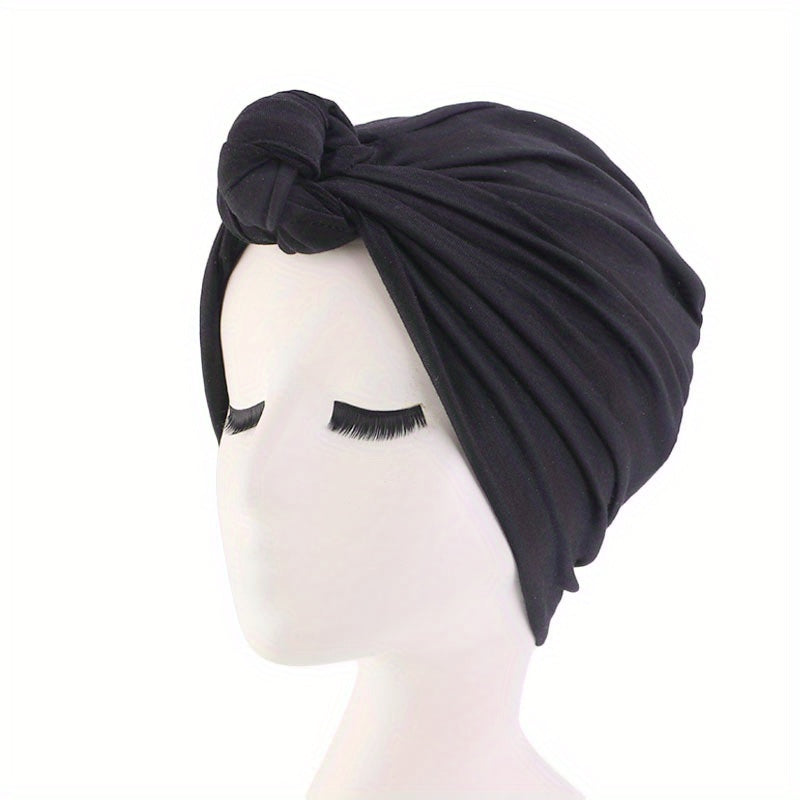Knotted Pleated Turban Cap Solid Elastic Bonnet Chemo Cap