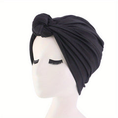 Knotted Pleated Turban Cap Solid Elastic Bonnet Chemo Cap