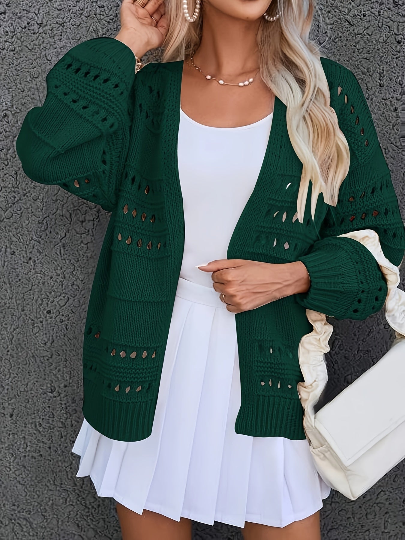 Casual Cardigan Women's Plus Solid Pointelle Knit Hollow Out Long Slee