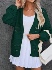 Casual Cardigan Women's Plus Solid Pointelle Knit Hollow Out Long Slee
