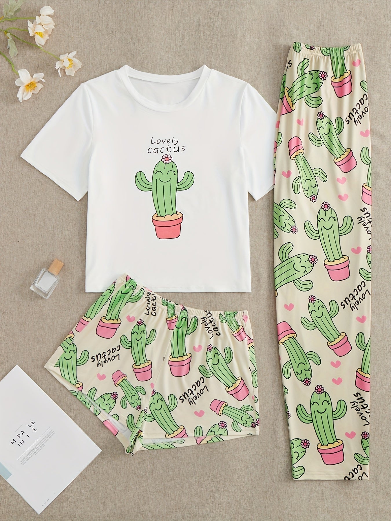 Cactus Print Pajamas Set Top & Shorts & Pants Women's Sleepwear