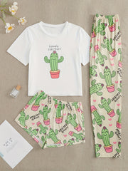 Cactus Print Pajamas Set Top & Shorts & Pants Women's Sleepwear