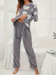 Cloud Print Fuzzy Pajama Set Long Sleeve Crew Neck Top & Elastic Waistband Pants