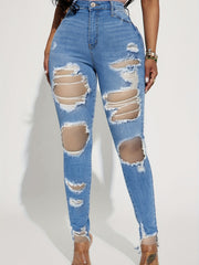 High Waist Distressed Skinny Jeans Slash Pockets Tight Fit