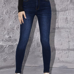 High Rise Dark Skinny Jeans High Waist Plain Stretchy Tight Fit Denim Pants