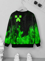 Green Flame Print Kid's Sweatshirt Unisex Pullover Causal Long Sleeve Top