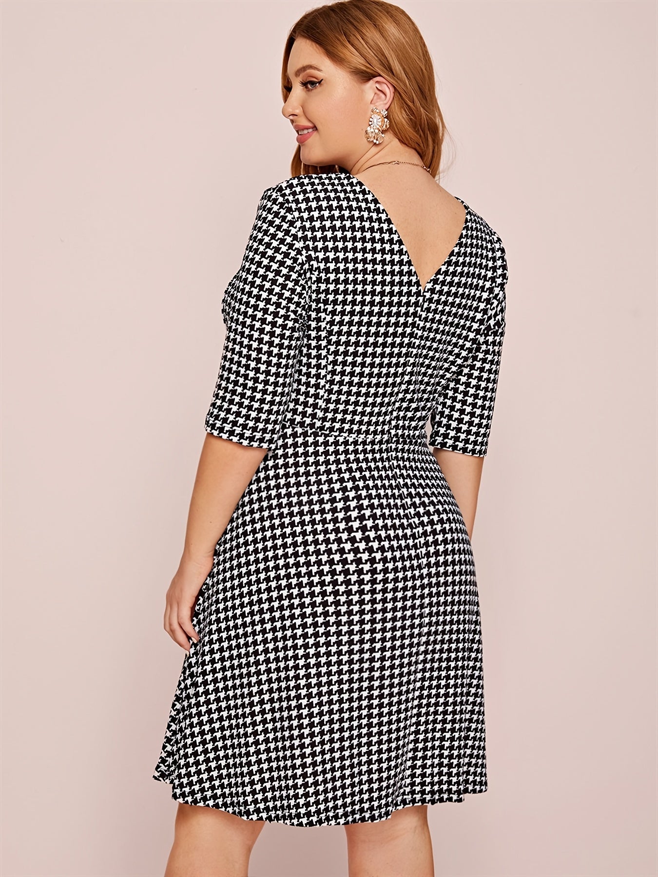Houndstooth V Neck Midi Dress Women's Stretch Dress
