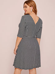 Houndstooth V Neck Midi Dress Women's Stretch Dress