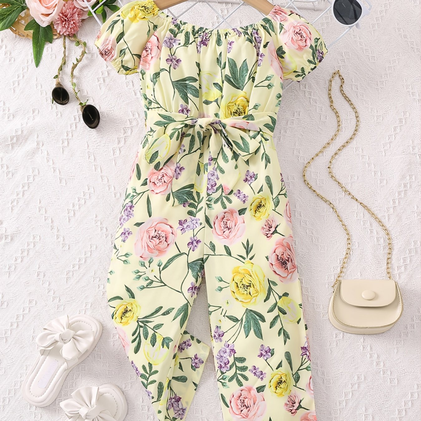 Girls Tropical Floral Off Shoulder Bodysuit With Belt