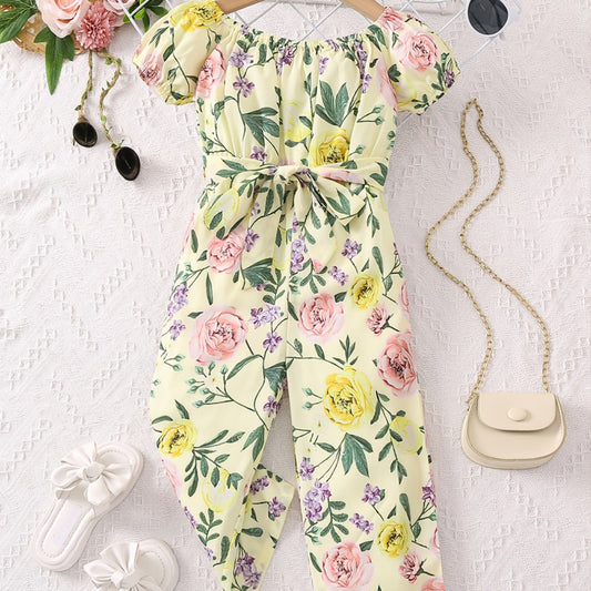 Girls Tropical Floral Off Shoulder Bodysuit With Belt