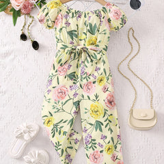 Girls Tropical Floral Off Shoulder Bodysuit With Belt