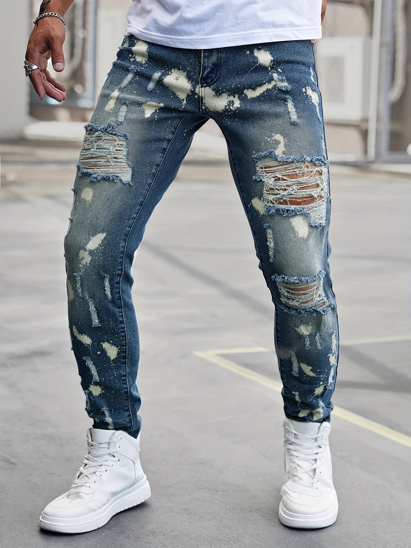 Slim Fit Ripped Jeans Men's Casual Street Style Denim Pants