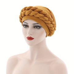 Double Braid Pre tied Turban Cap Solid Pleated Head Wrap Elastic Bonnet