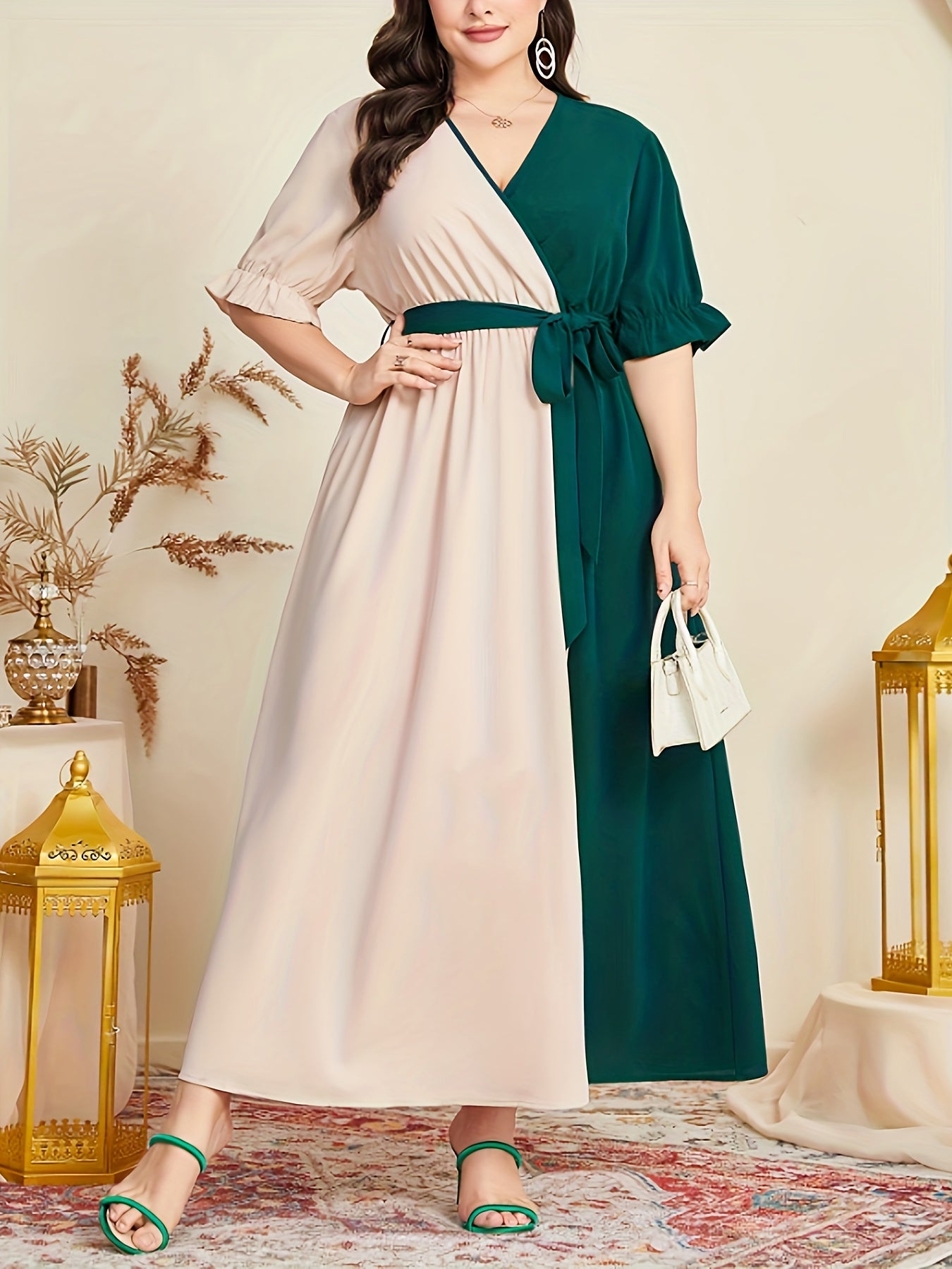 Colorblock Puff Sleeve Maxi Dress With Belt