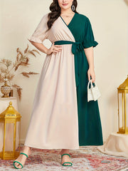 Colorblock Puff Sleeve Maxi Dress With Belt