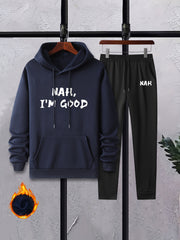 Men's Casual Crew Neck Long Sleeve T Shirt Hooded Sweatshirt Set