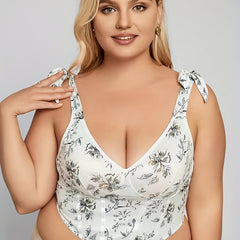 Floral Print Plus Size Sexy Bra Tie Shoulder Strap Plunge Bustier Cami Corset