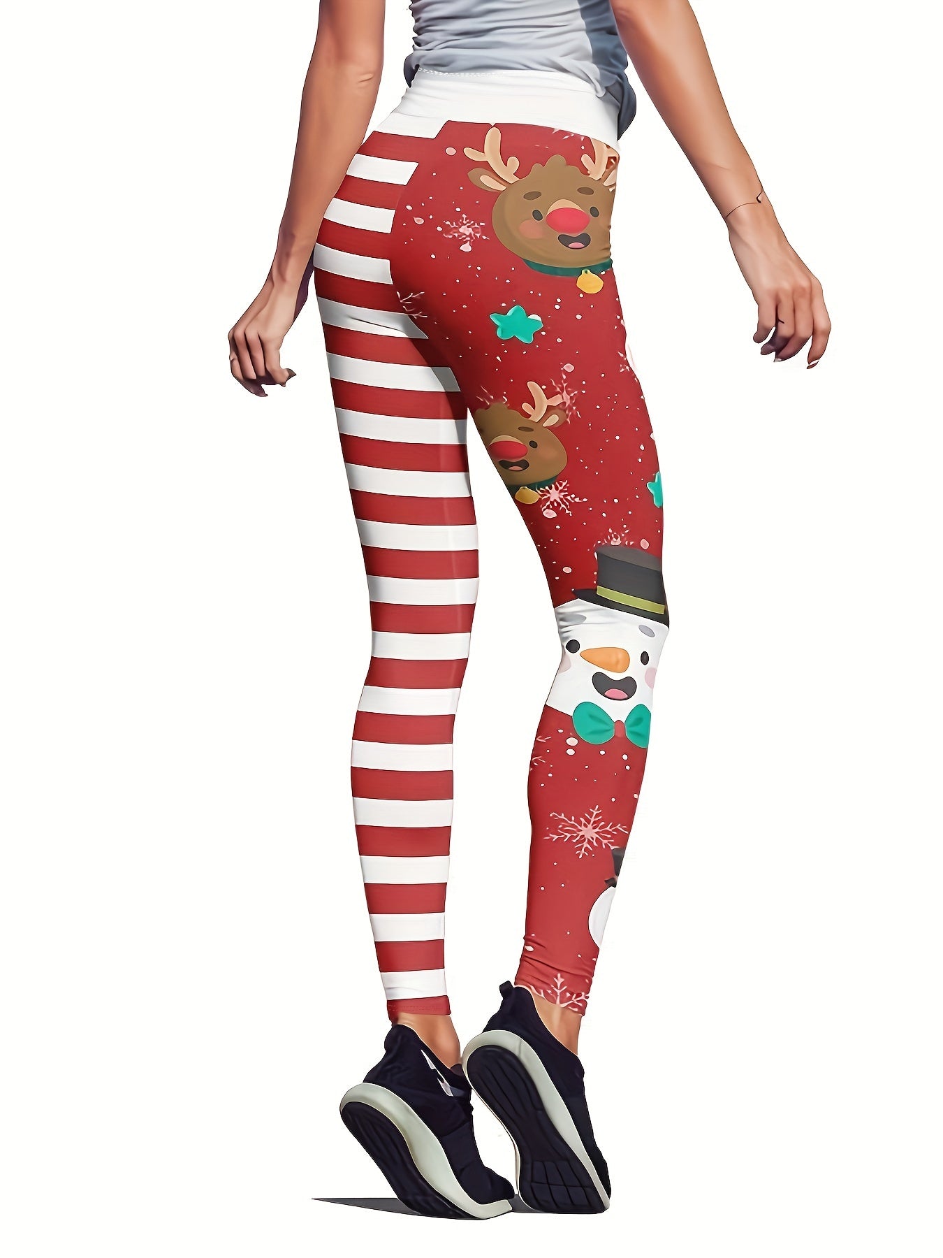 Colorblock Stripe & Snowman & Reindeer Print Leggings