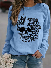 Rose Skull Print Loose Sweatshirt Casual Long Sleeve Crew Neck Women's Clothing