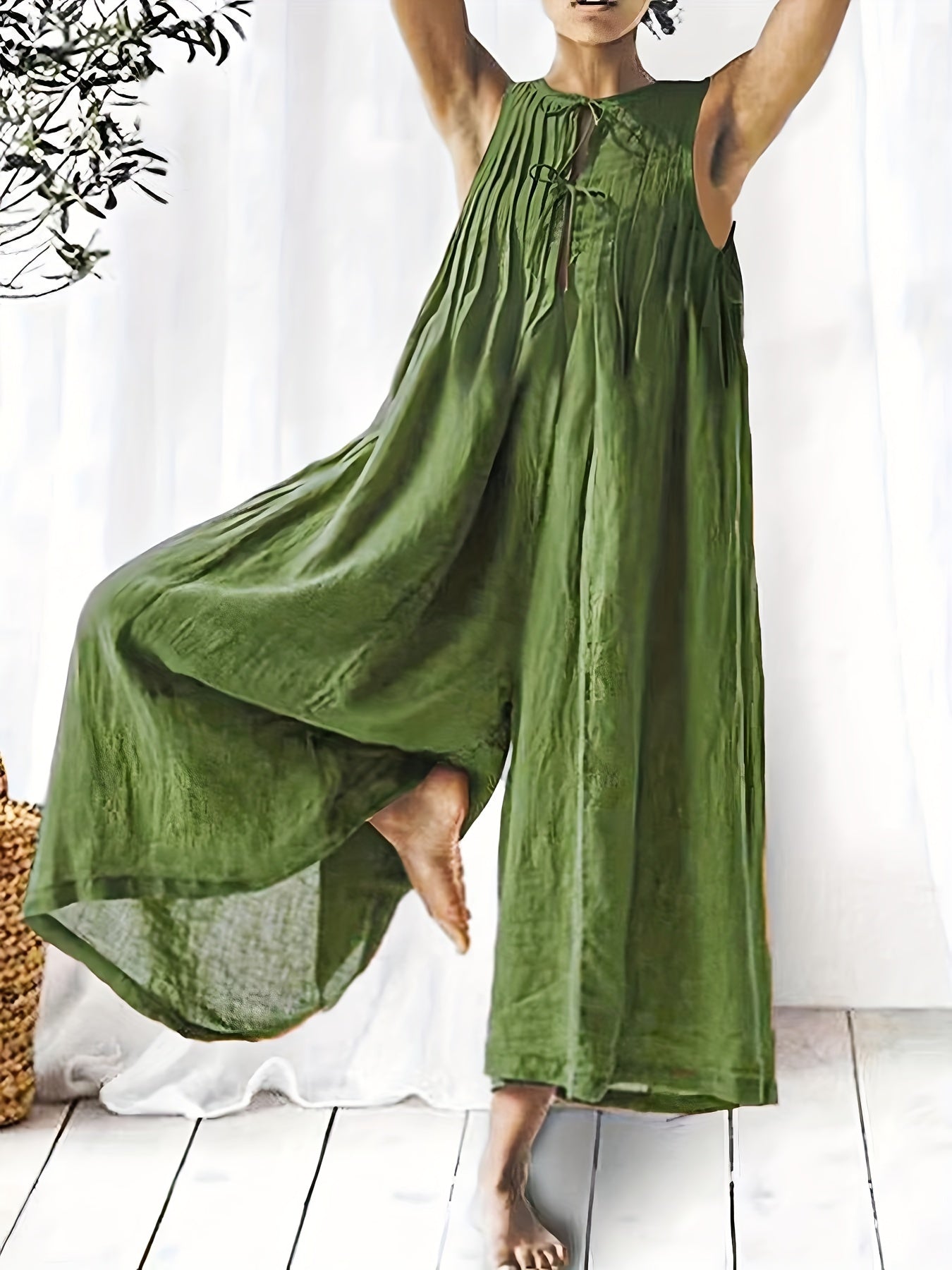 Casual Ruched Wide Leg Jumpsuit Sleeveless Drawstring Summer Jumpsuit