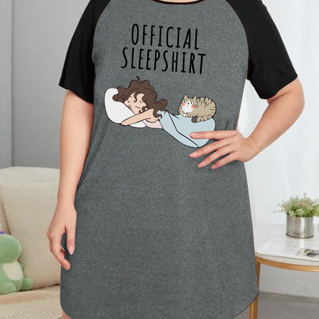 Nightdress Women's Plus Cartoon Figure & Cat Graphic Raglan Short Sle