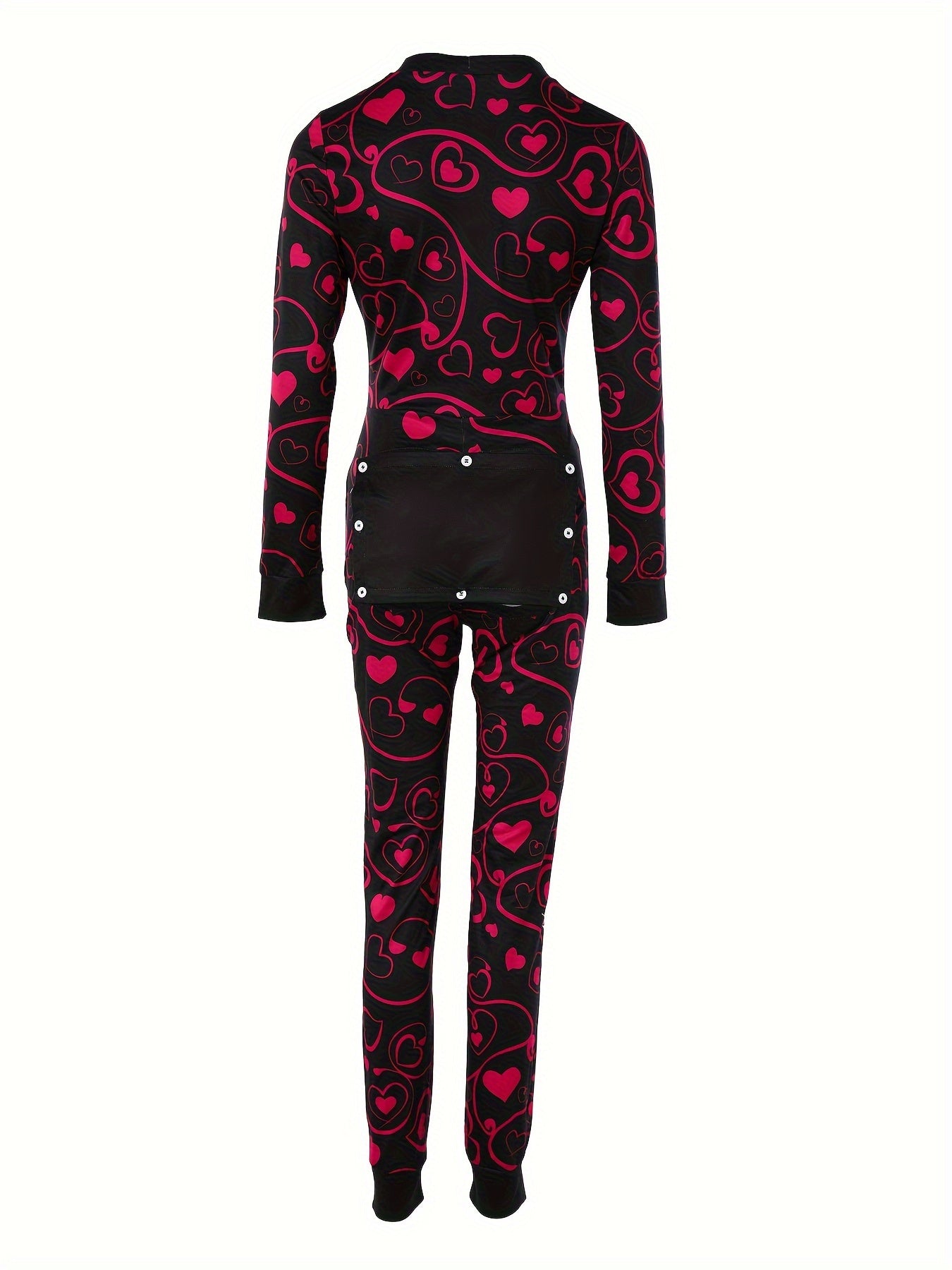 Heart Print Pajama Jumpsuit Long Sleeve V Neck Pajamas