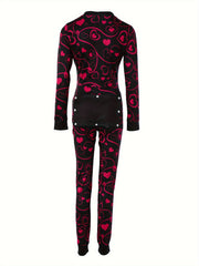 Heart Print Pajama Jumpsuit Long Sleeve V Neck Pajamas