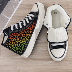 Leopard Print Plush Lined Chunky Canvas Sneakers