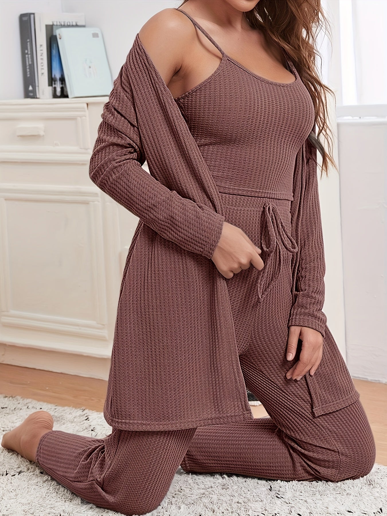 Waffle Lounge Set Robe & Cami Top & Lace Up Pants Women's Loungewear