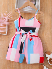 Girls Cami Romper Block Geometry Print Jumpsuit With Belt