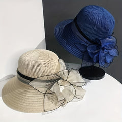 Wide Brim Knitted Bucket Hat Mesh Flower Decor Sunshade Fedora for Women
