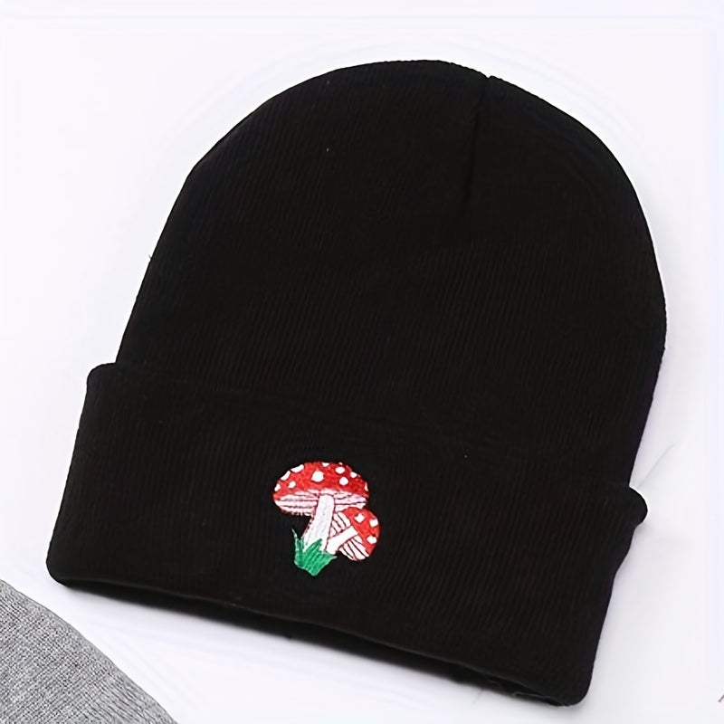 Red Mushroom Embroidery Beanie Cartoon Elastic Skull Cap