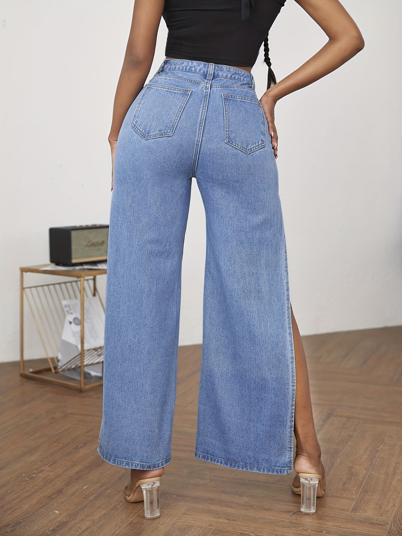 Loose Fit High Rise Denim Pants with Ripped Holes