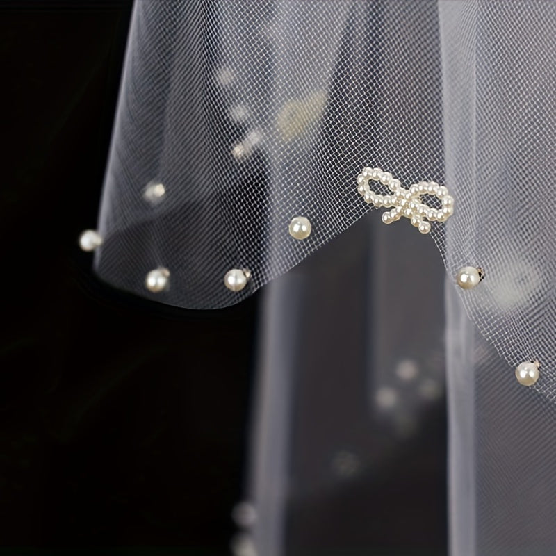 Double Layer Bridal Head Veil Comb Faux Pearl Wedding Hair Accessory