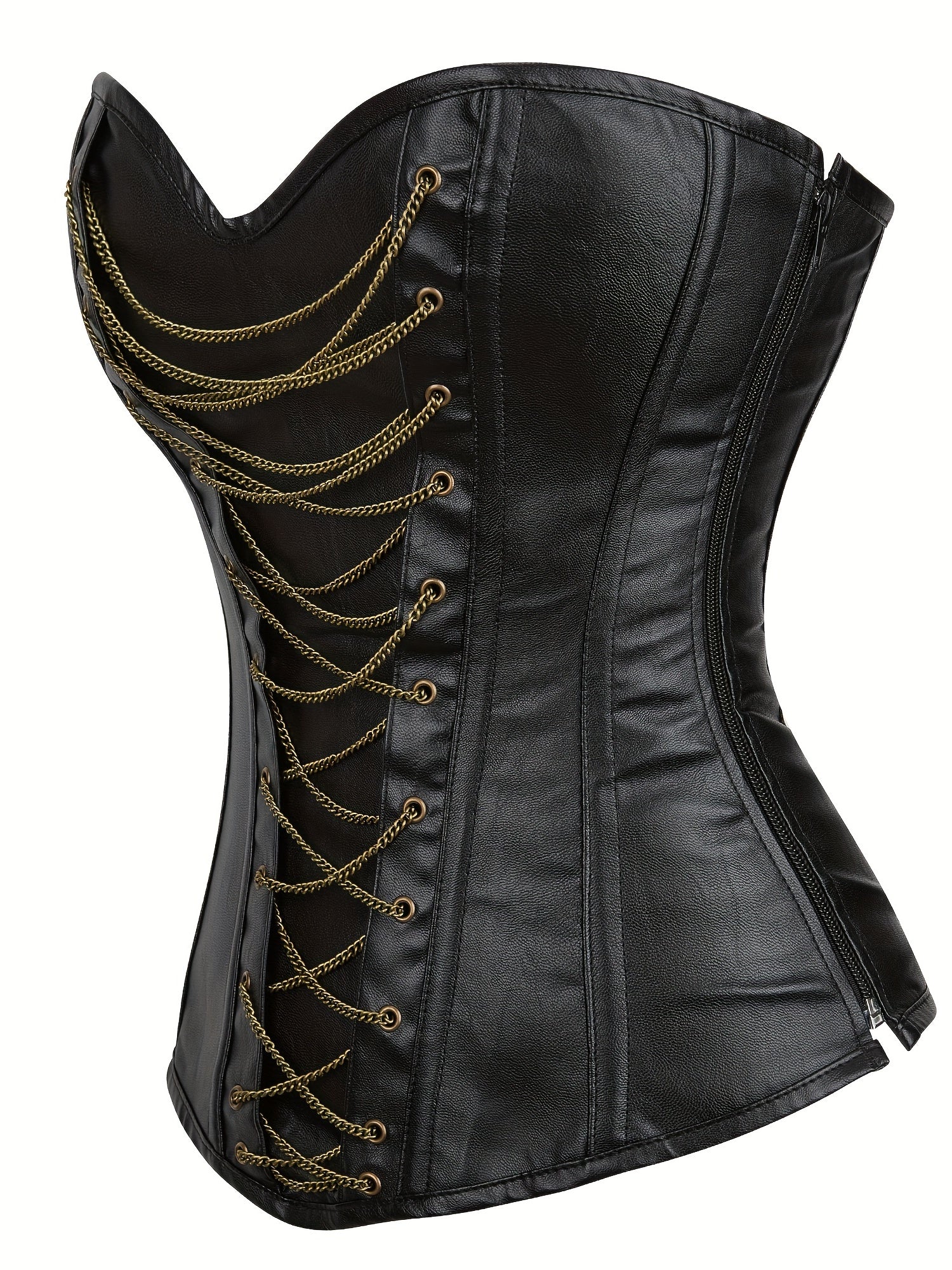 Chain Decor Strapless Corset Bustier Tummy Control Lace Up Zipper Body Shaper