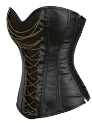 Chain Decor Strapless Corset Bustier Tummy Control Lace Up Zipper Body Shaper