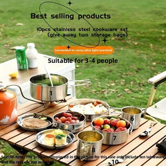 10pcs Stainless Steel Tableware Set for 3-4 People with Storage Bags