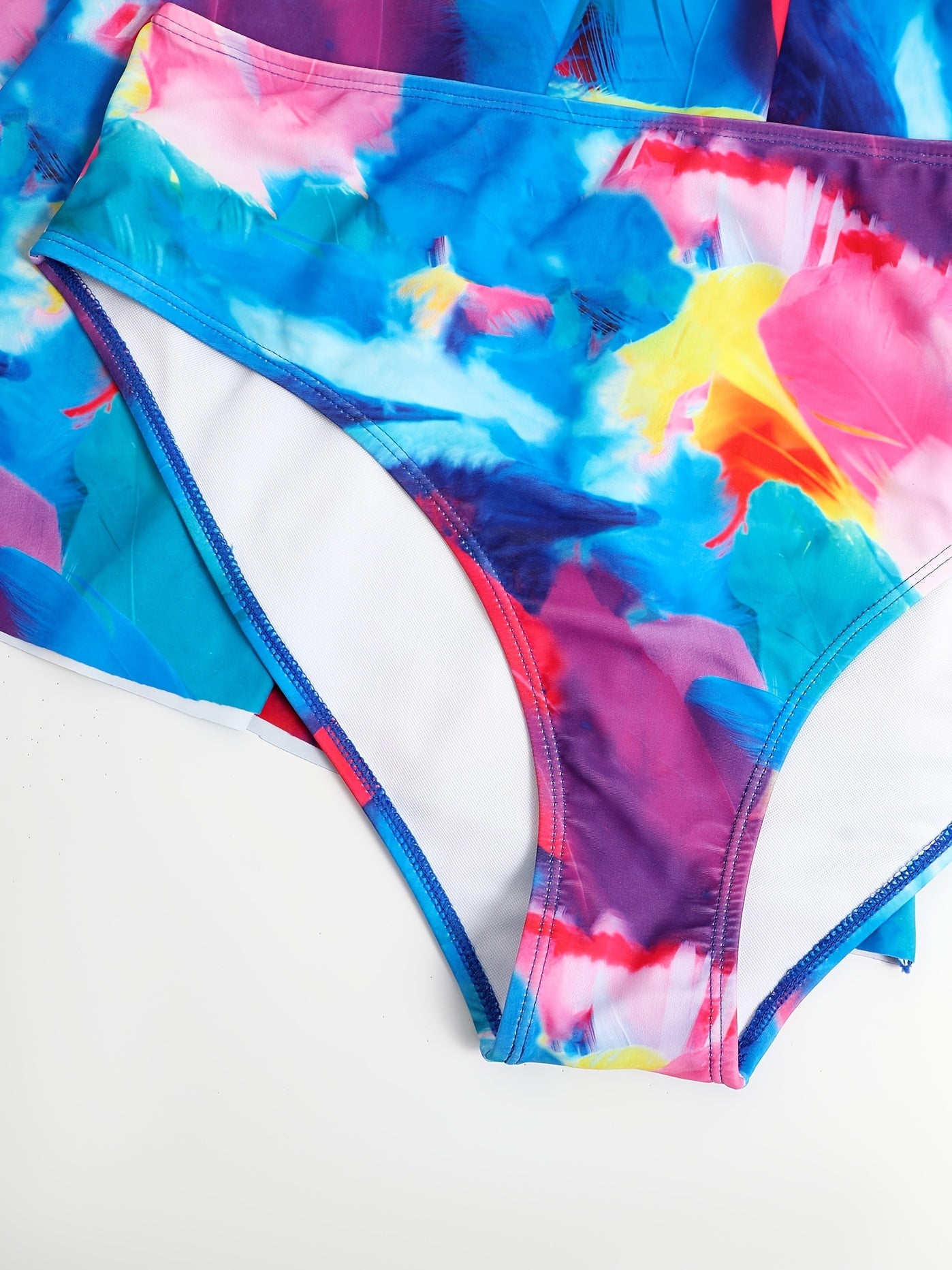 Feather Print Tank Dress & Panty Swimsuit Set 2pcs